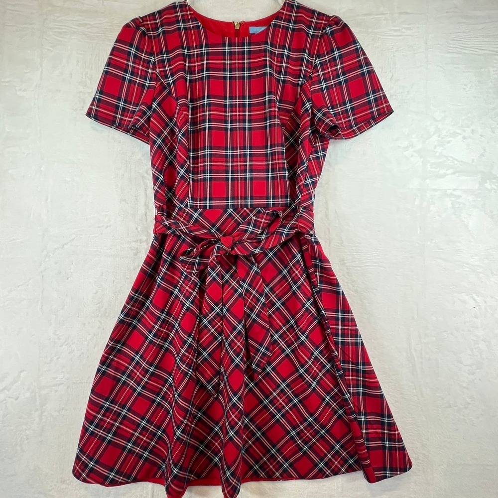 Draper James Plaid Dress Women 8 Red Tartan Fit Flare Short Sleeve DRW0601 HO19